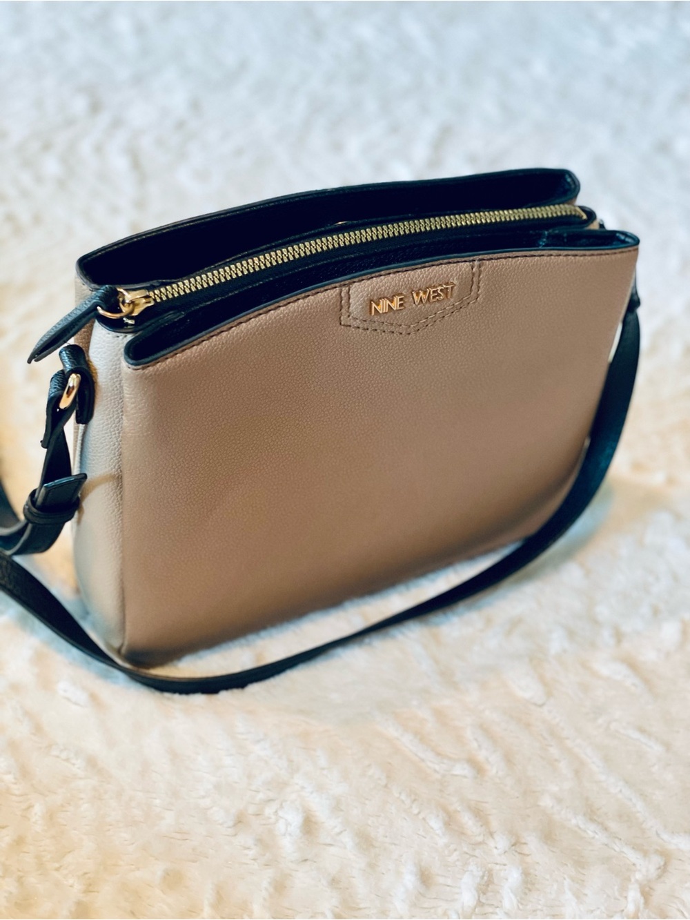 Nine West Taupe and Black Faux-Leather Crossbody